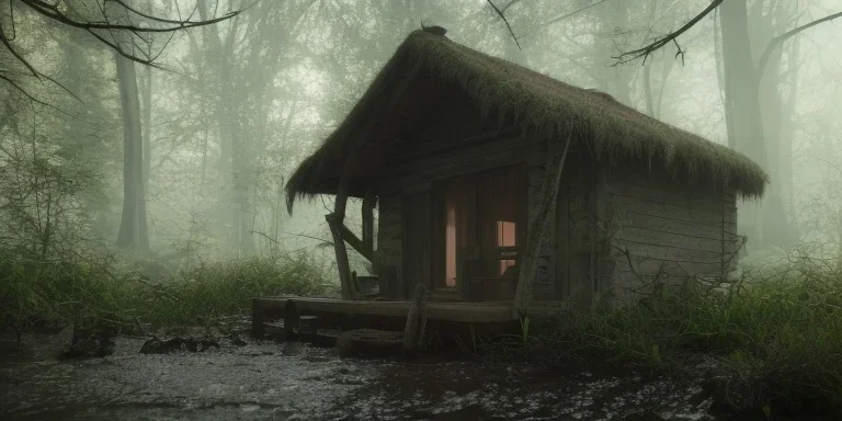 hut abandoned inner between mountain, long exposure photography, swamp, water, glass, fog, highly realistic, highly detailed, intricate, 8k