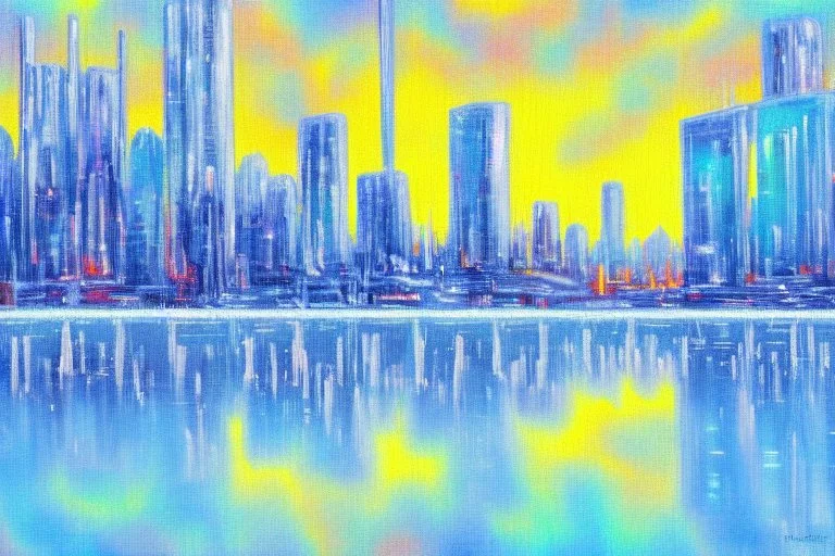 Science fiction city near frozen lake, impressionism painting