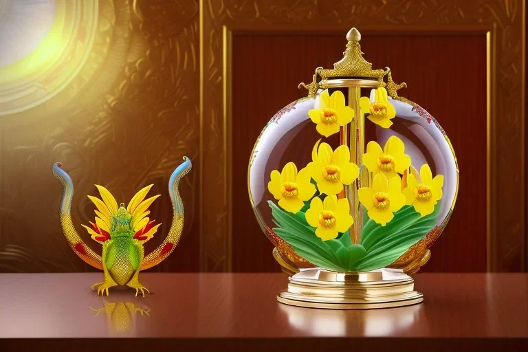 1512857901 hypersigil photograph of a beautiful yellow and red orchid in a clear glass rococo inspired vase on a mirrored deco themed end table in a shadowy corner of a nouveau era room with wood paneling in the style of Robert maplethorpe, tropical birds, lizards, snakes, insects, gorgeous, shamanic, ethereal, photorealistic, embellishments, long shot, wide shot, dof, deep focus, 3d render