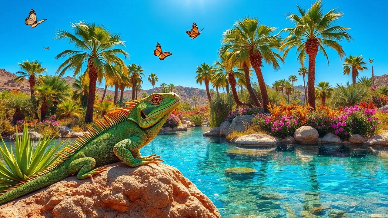 It shows the lizard perched on a rock next to a lush oasis filled with palm trees and vibrant flowers. The creature's green and brown spikes blend into the natural surroundings, with sparkling water reflecting the blue sky. It includes butterflies fluttering around, adding a touch of liveliness. Mood: Peaceful and vibrant, showing the beauty of life in the desert.