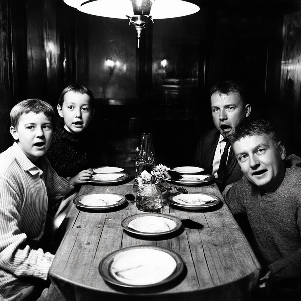 Photo of a family sitting at the dinner table. Hypermaximalist, grime, shadow, fog, unsettling, antique, old, liminal, odd, uncanny, transformational, interesting, rift, cryptic, low-fidelity, unreal, deserted, abstracted, twins, ambiguous, surreal, jaws, elongated, oblong, undulating, mouths, eyes, eerie