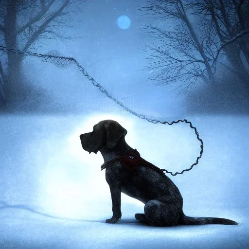 sad, scared, lonely dog tied with a short leash outside of a house, winter, 8k resolution, high-quality, fine-detail, intricate, digital art, detailed matte, volumetric lighting, illustration, 3D octane render, brian froud, howard lyon, selina french, anna dittmann, annie stokes, lisa parker, greg rutowski