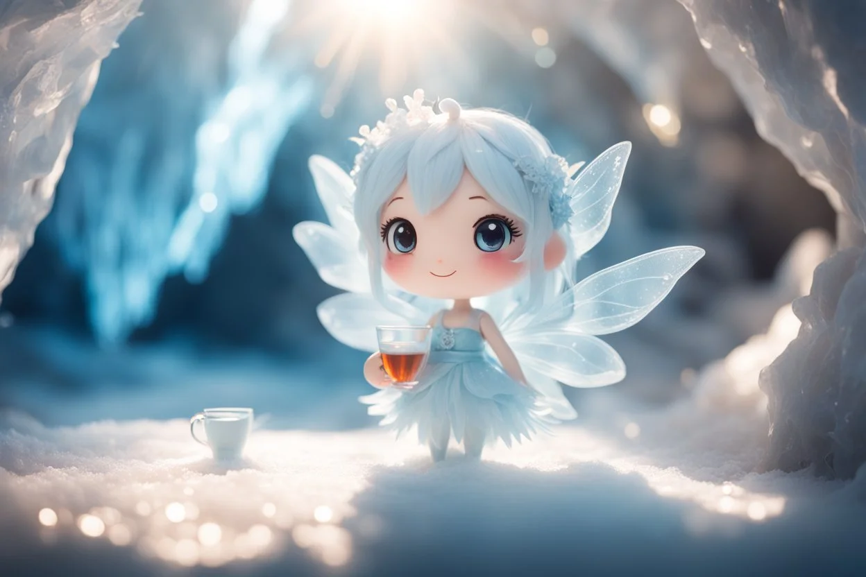 cute chibi ice fairy in an ice cave with tea in sunshine, ethereal, cinematic postprocessing, dof, bokeh