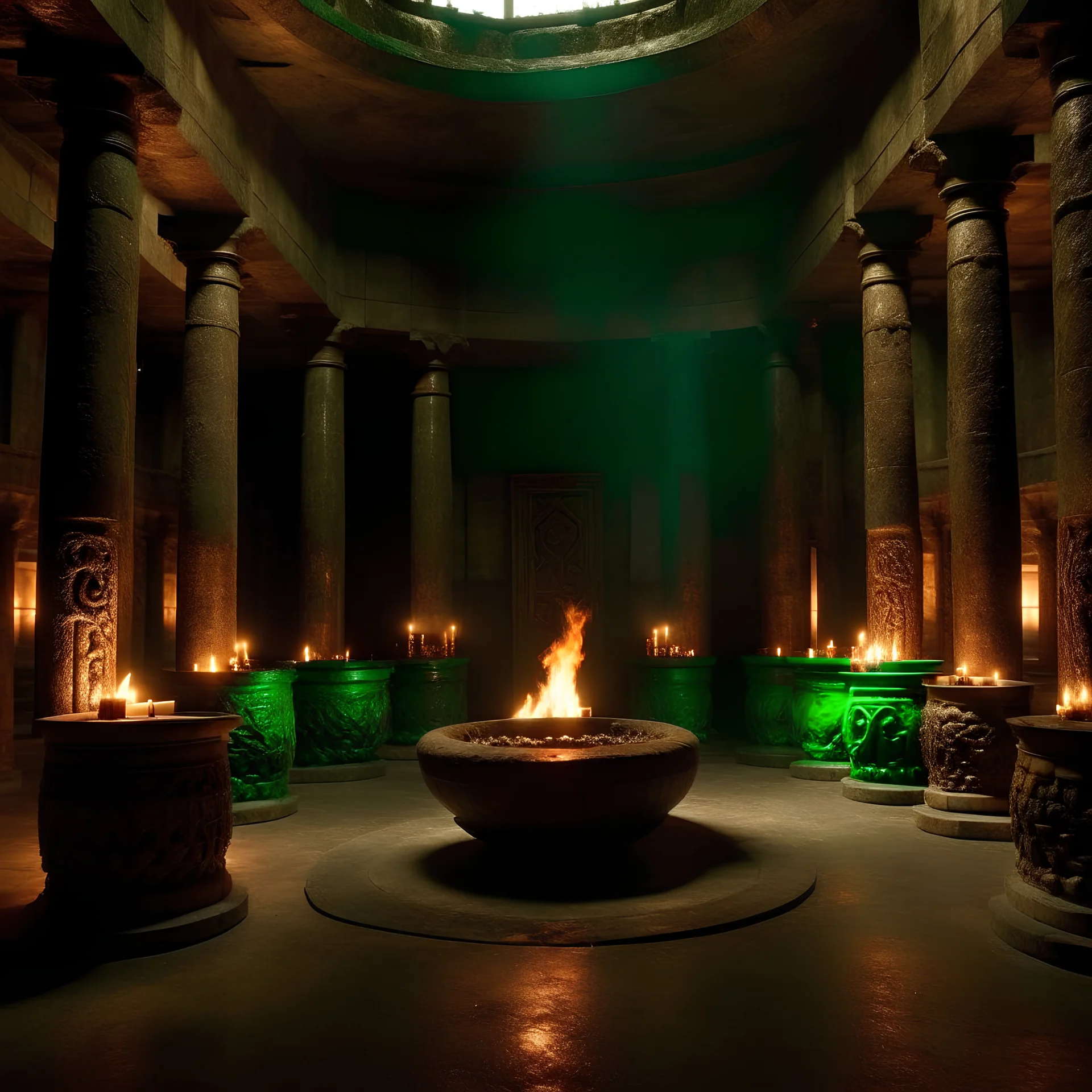 This large room contains three rows of pillars running north to south, leading to two deep bronze fire pits that stand against the south wall. Each fire pit contains a wide bronze bowl ten feet across, and these are both blazing with eerie green flames that rise ten feet into the air, throwing emerald sparks toward the chamber’s arching thirty-foot high ceiling