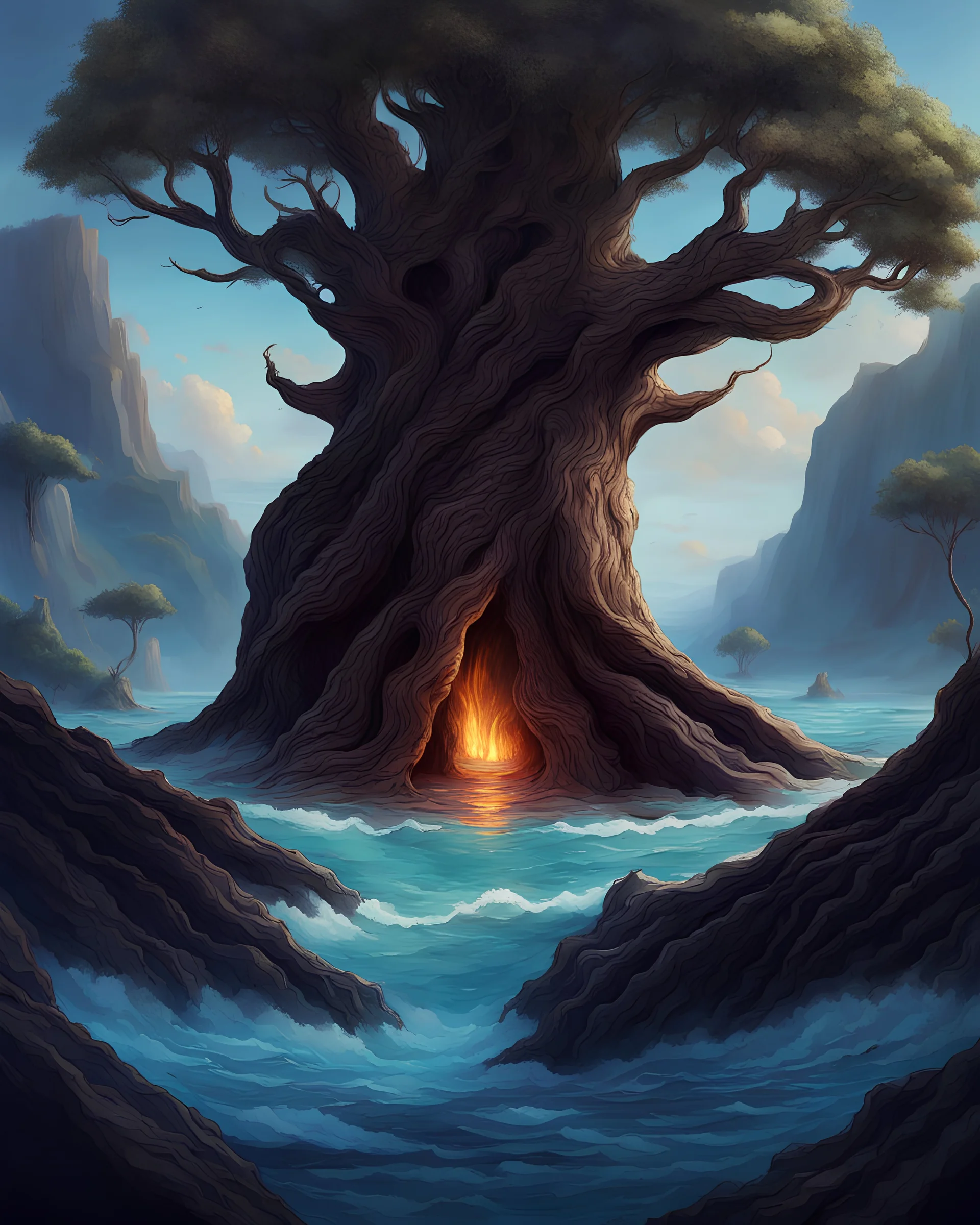 a great tree trunk takes up the majority of the screen. It is surrounded by ocean, which pours into the center of the charred wooden flesh