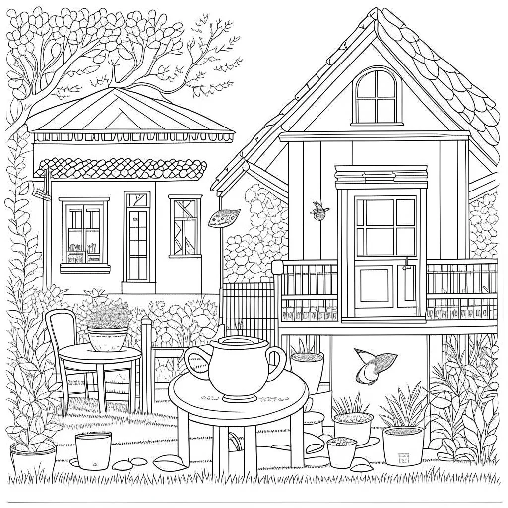 GARDEN HOUSE, "Garden House Tea Party: Join a delightful tea party.", full view, realistic, coloring page, only draw lines, coloring book, clean line art, wildlife-inspired, kid style, –no sketch, color, –ar 3:4, white background, minimalistic black lines, 8k, minimal black color, low level black colors, coloring page, use pure black and white colors, avoid thick black colors, thin black line art, avoid colors, perfect shape, perfect clear lines, clear edges,