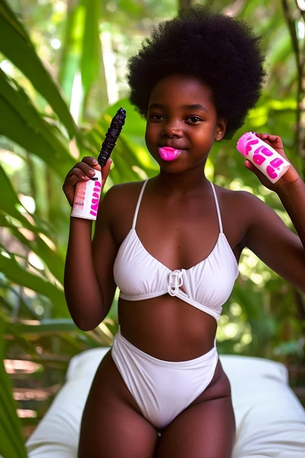 young natural teenage black girls with white dad in a swimsuit in a bed in the jungle. eating a lollypop. cute. sharing icypole. icecream on face. old man. thick curvy. dancing