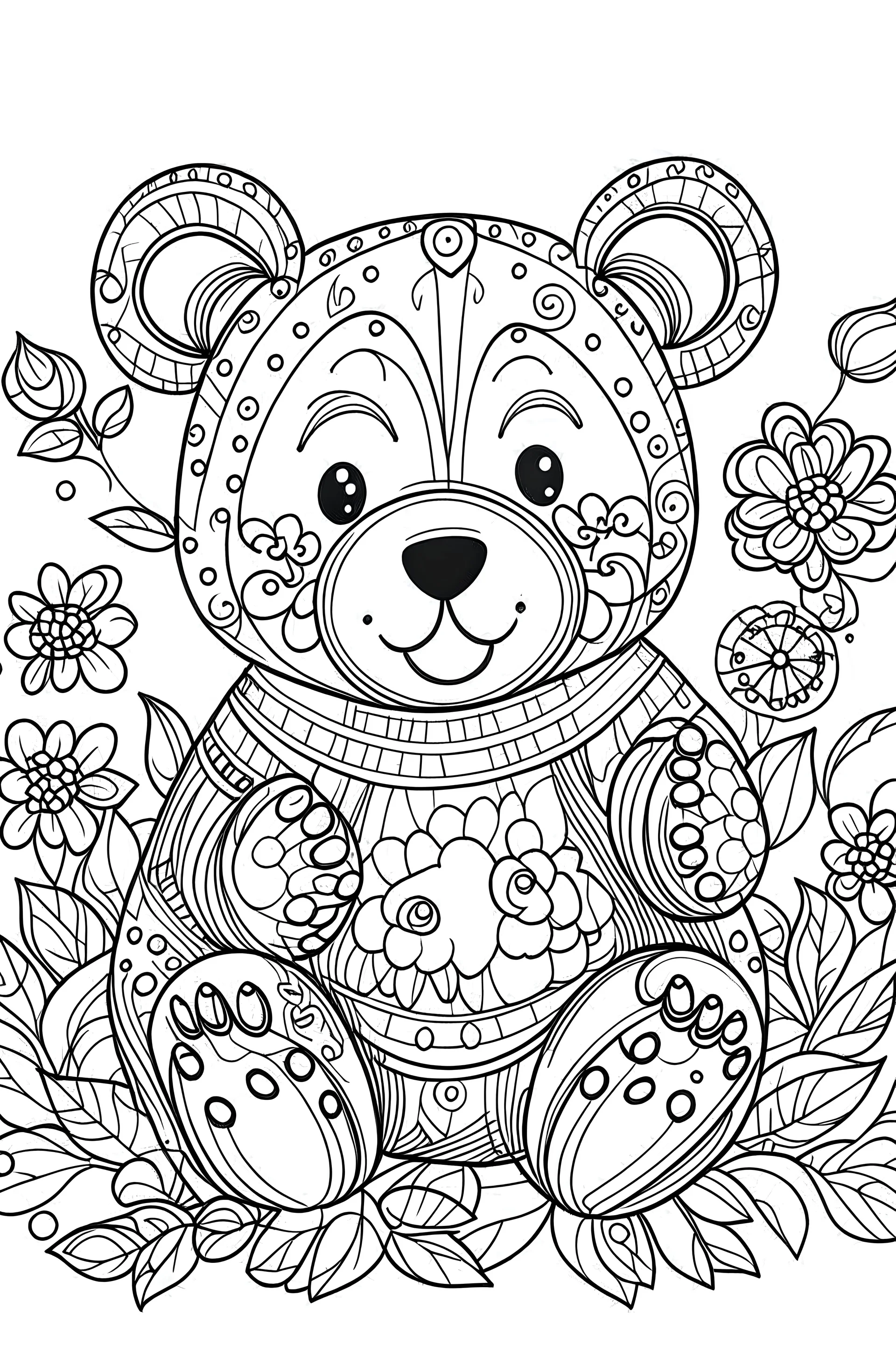 Outline art for coloring page, WHIMSICAL HAPPY TEDDY BEAR, coloring page, white background, Sketch style, only use outline, clean line art, white background, no shadows, no shading, no color, clear