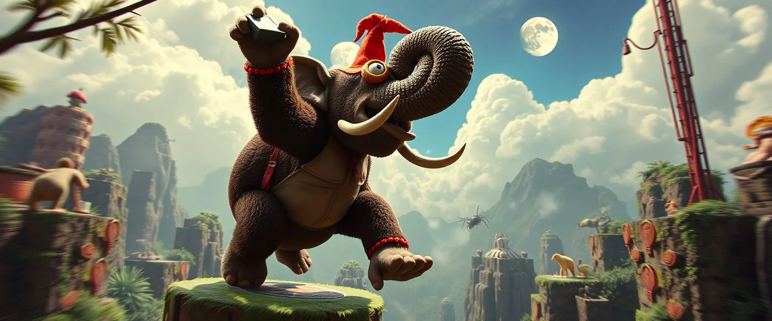 donkey kong clowns lying when he repeats everything you say, bear ant eater elephant floating in 4 dimensional platform game, goa trance movie poster, stylized art, pin hole photo, motion blur