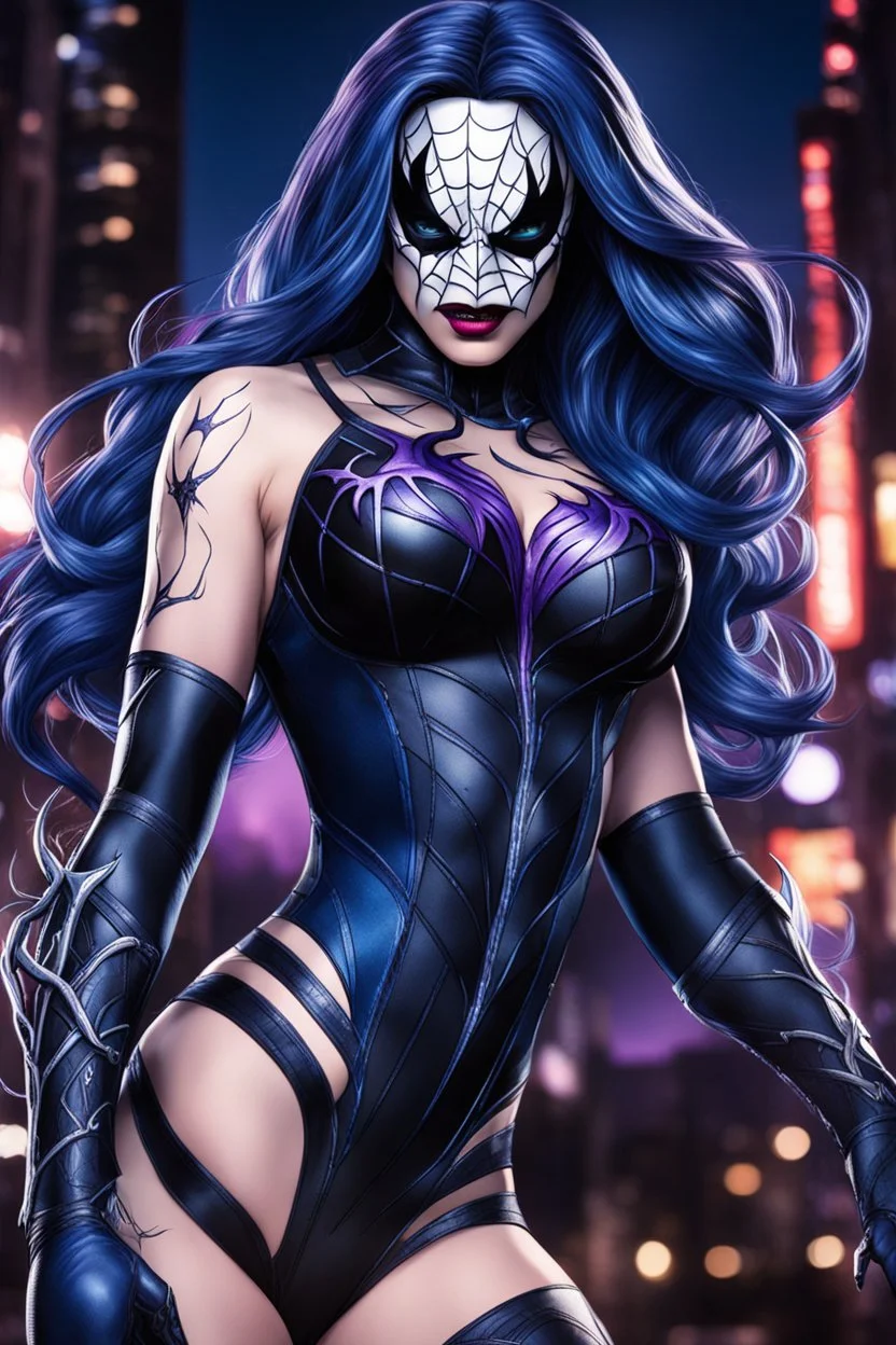 super pretty young woman, good body, very big bub, blue long haired, black "venom" costume, white spider chest costume, black cosplay, purple details, complete costume, mask, female stylized, woman lines, "Venom from Marvel" design inspiration, darknight sky background, intrincate details, high a.i. perseption, nano tecnology, lights, high quality picture, renderizing, front view angle.