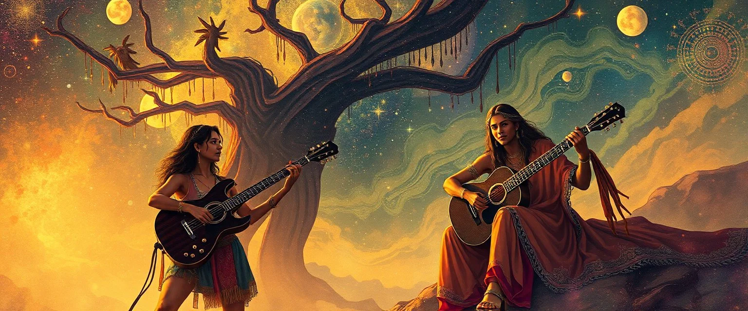 goa folk electronica trance, latin breaks, guitar, sitar, indian vibes, fsol, epic fantasy illustration