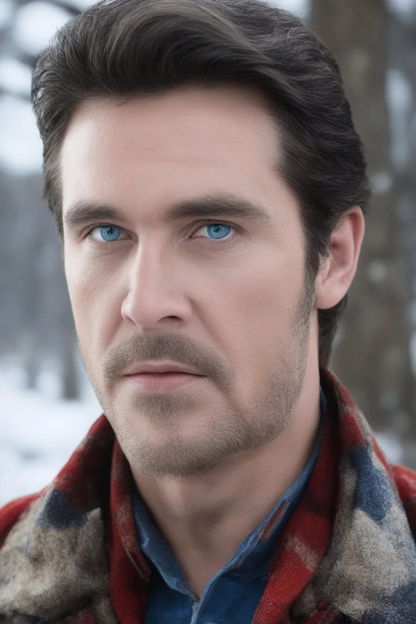 Blue eyes, close-up facial portrait - a Bright, well-lit UHD, 1080p 32k, photograph - winter time, hunting season, part Jesus Christ, part Elvis Presley with a mustache and short crew-cut hair, part Lee Majors, Part red and black checkered wool coat, blue jeans, cowboy boots, plaid shirt, sunbursts, crosses, 3D lighting, diamonds, hearts, Butterflies, Clovers, Roses, extremely colorful,