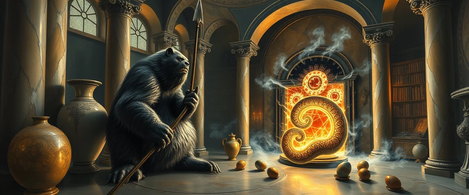 master oil painting by Escher , glaring vases and black humanoid reflective expressive long clunky obese elder troll spear bear and hidden magic aura golden eel djinni with beard inside marble hall library, cryptic eggs, sacred geometry, fire fog and steam border, fire elemental creature, twisted dimensional portal for ice elemetals only
