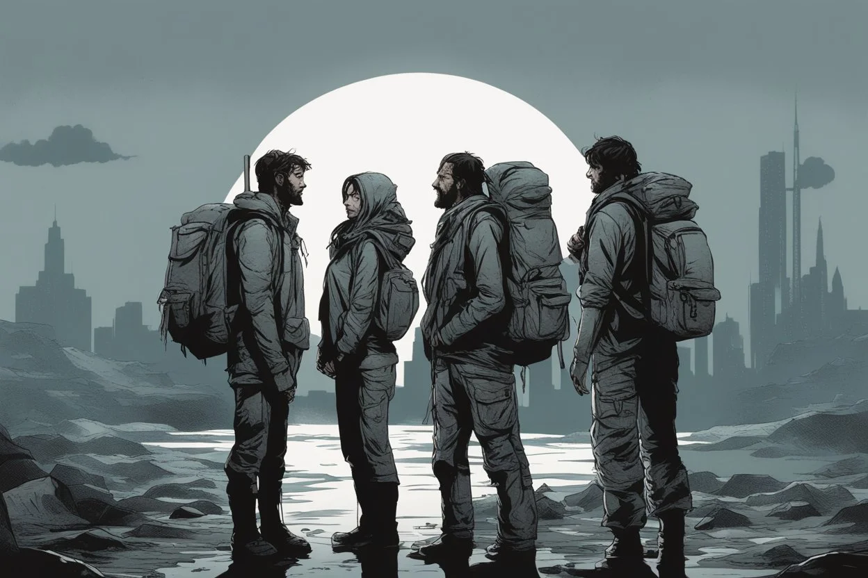 four persons, standing, silhouette, comic book,post-apocalypse, gray background, backpack,