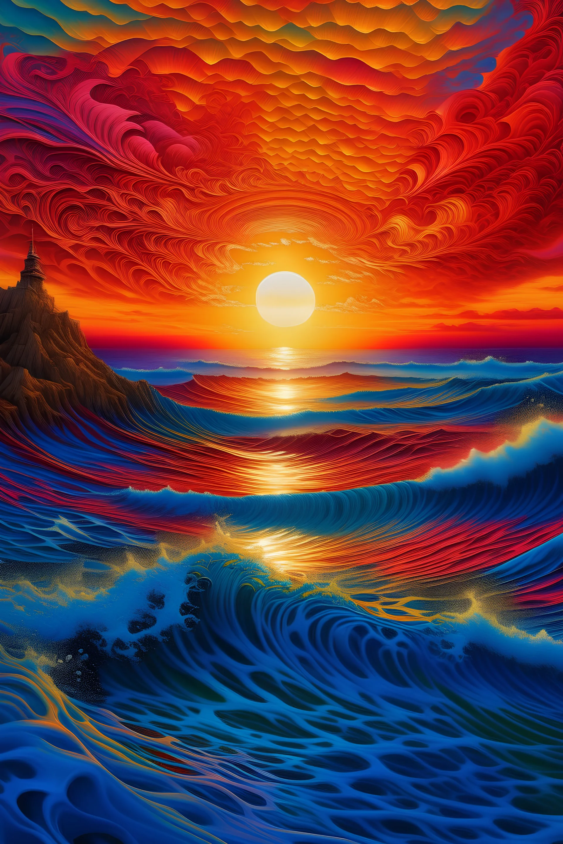 a painting of a sunset with waves and sun, with a colorful background , an ultrafine detailed painting, highly detailed digital painting, Android Jones, psychedelic art