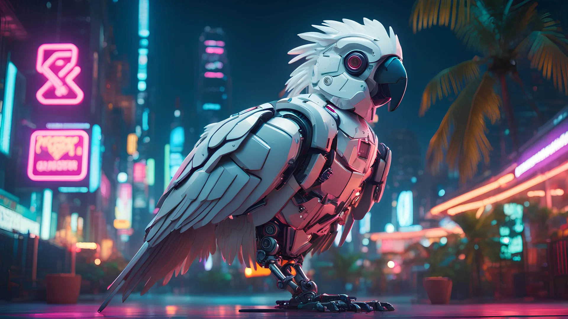 a robot cockatoo in a tropical cyberpunk city, 8K resolution, detailed, cinematic, wide shot, neon signs with palm trees, at night, atmospheric lighting