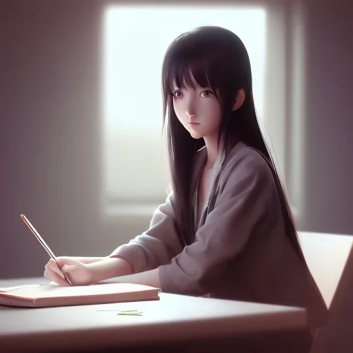 girl studying in room, anime style