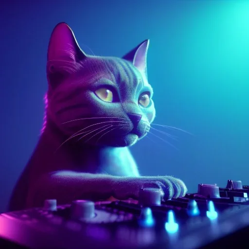 DJ cat, unreal 5, octane render, cinema4d, redshift render, hyper realistic, cenematic, vibrancy, synthwave, retouch, centered, dynamic lighting, dramatic lighting, 4k, highly detailed, attractive beautiful, realistic, epic composition, holographic,