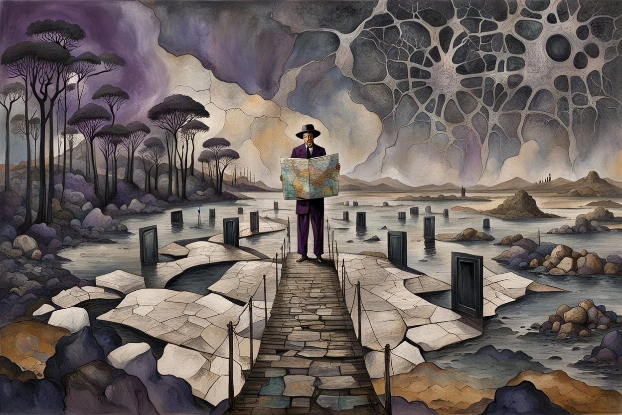 face to the camera in midle one alone human figure with a big map his hands in weird alternative clothes stands on the thin bridge , weird whimsical landscape, forest, and Sahara water and rocks,, around surreal cracked painted weird land with some black doors. dark purple, gray, black, white, brown. Whimsical style of Chagall , of Minjae Lee and Anton Semenov, lonely with absurd beauty. broken, weird bizarr,e absurd nightmare, neuron network background, surreal vibe