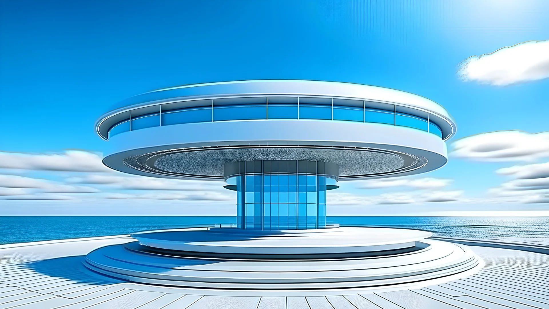 big round futuristic base, on the beach, white and blue colors