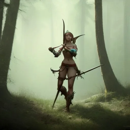 franz frazetta styl, cute elf hunter in the forest clearing