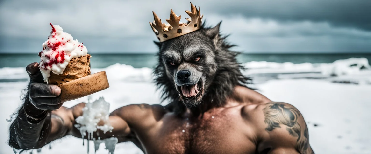 photo shoot of self aware werewolf boxing with ice cream and snow with sea weed crown