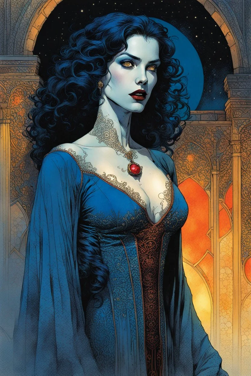 create a fine art print illustration of a seductive, 13th century Jewish female vampire seeress, clothed in an ornate but ragged bliaud with highly detailed feminine facial features, gazing into a seething palantir , shrouded in a fetid mist at midnight , in the comic book art style of Bill Sienkiewicz, and Jean Giraud Moebius, finely textured, drawn, colored, and inked