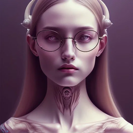  glasses, portrait,three girls, leaning pose, sueter, tattoo, intricate detail, cute, symmetrical, emotionless, big horns, dead eyes, emotionless face, long white hair, full body, realistic painting,