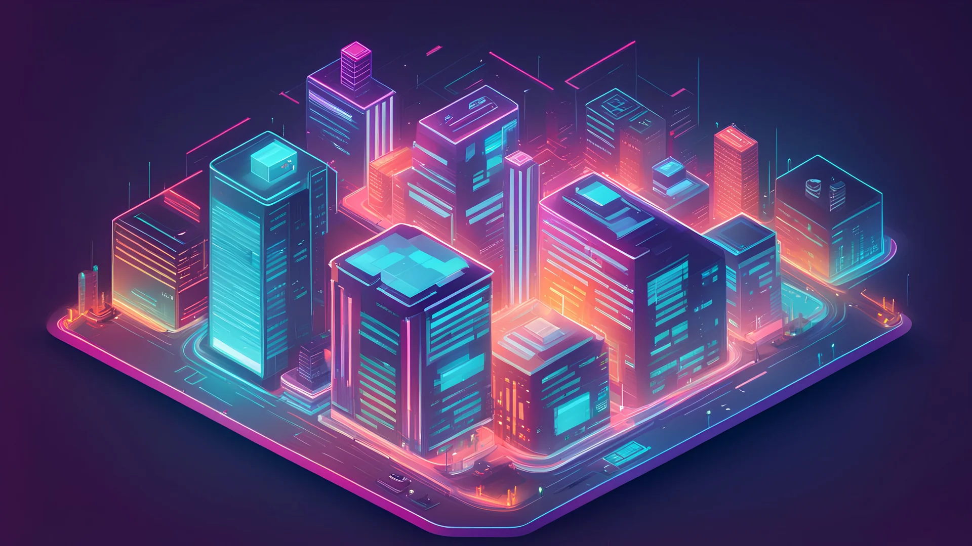 In a bustling city, a high-tech cybersecurity building stands prominent. Vector graphics. neon colours. isometric view