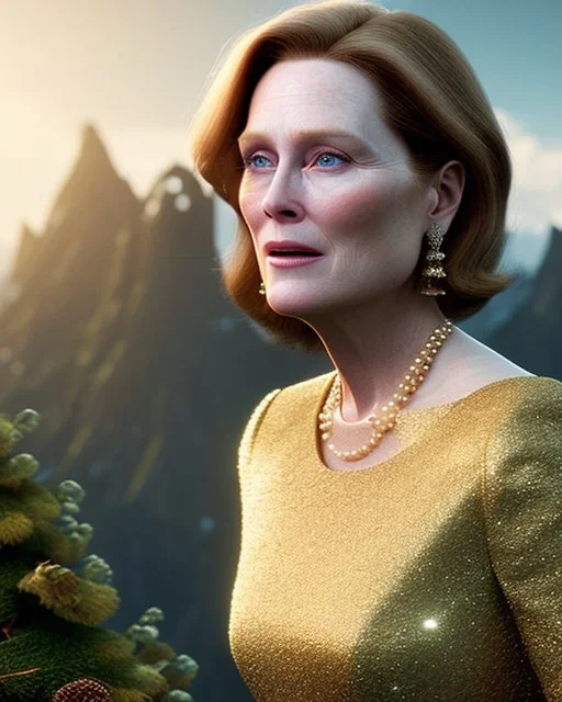  of a beautiful merryl streep, julianne moore, in the mountains, soft lighting, unreal engine