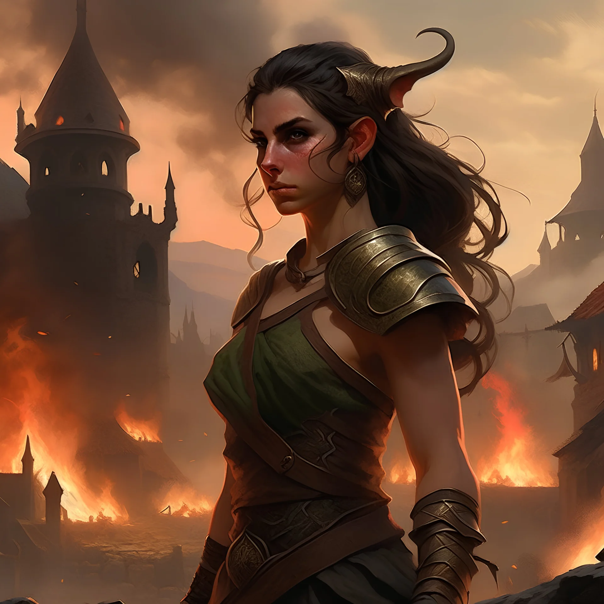 a beautiful dark haired tiefling woman, dressed in a sleeveless battle outfit, watching the burning ruins of a medieval town, bare shoulders