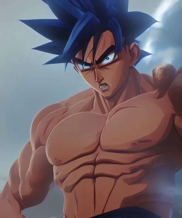 Goku, avatar blue body style, fighting pose, muscular body, shirtless, volumetric details, hyper realism, unreal engine 5