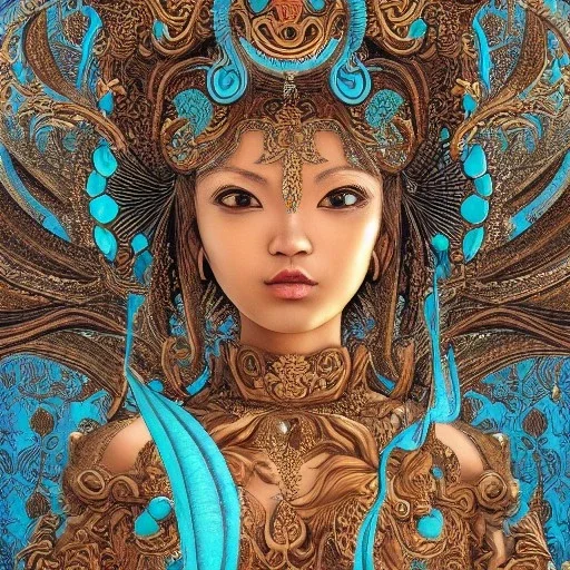 Sango fantasy, fantasy magic, intricate, sharp focus, illustration, highly detailed, digital painting, concept art, matte, art germ and Paul Lewin and Kehinde Wiley, masterpiece silver elephant head bronze Buddha Asian girl nice breast turquoise golden waves
