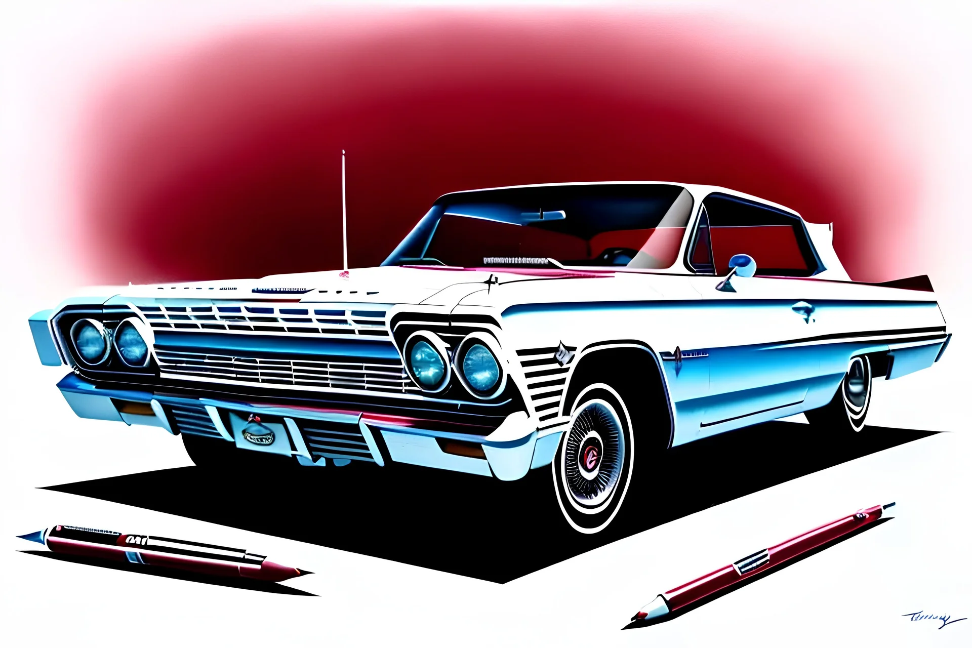 a true-to-life 1963 Chevrolet Impala, centered, intricate, extreme detailed, photorealism, center view, city background, pivot on chevrolet, pen and color marker painting by cheryl kelley