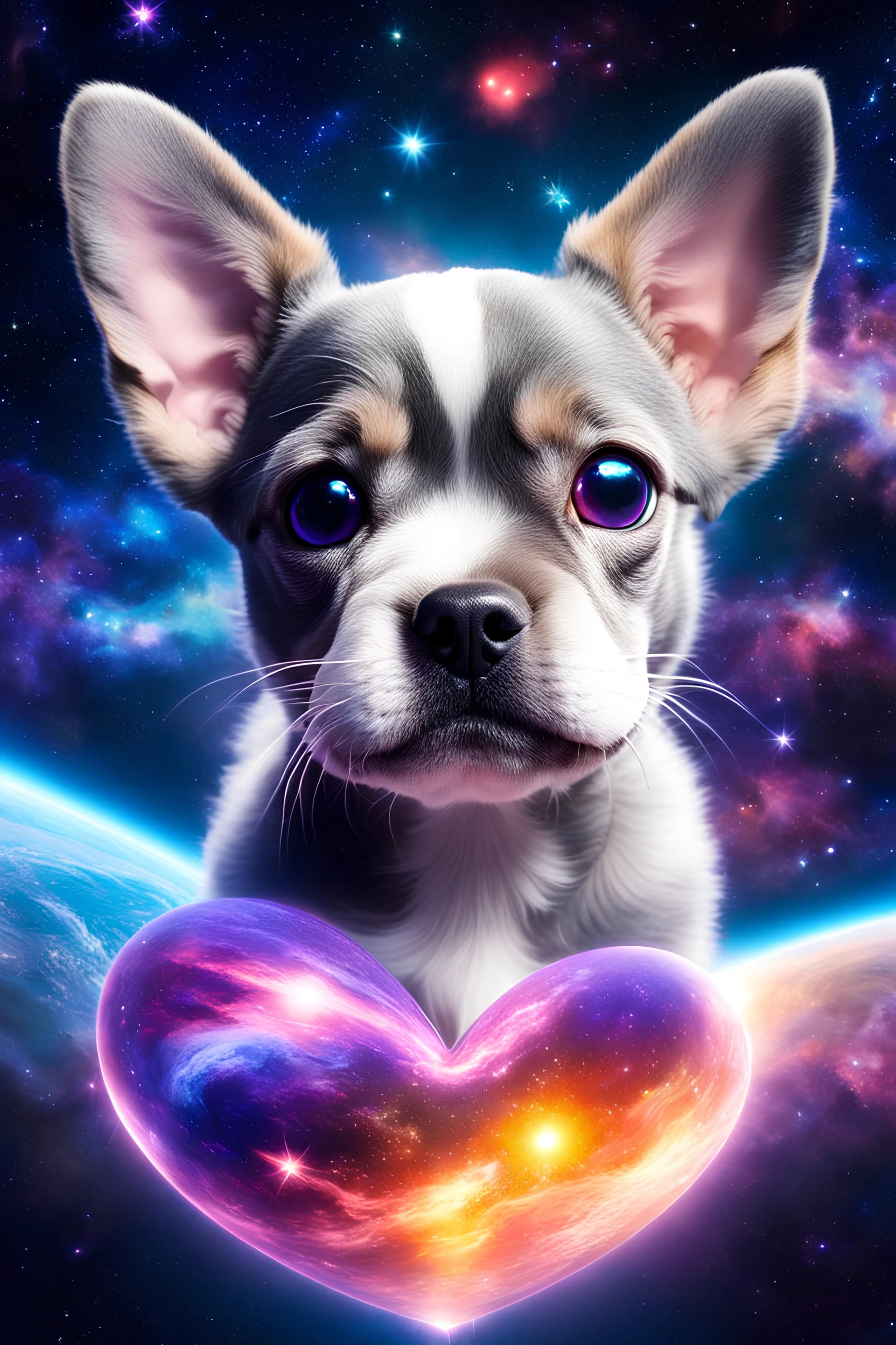 large eyed happy puppy grey frenchton in the distance a colorful intricate HEART shaped planet similar to earth in a brig ażht nebula, sparkles, cinematic lighting, vast distances, swirl, fairies, magical darkness, sharp, depth, jellyfish, cinematic eye view