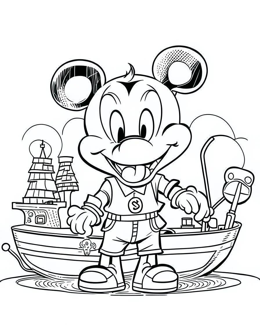 outline art for Mickey Mouse Steam Boat coloring page, Japanese manga style, cartoon style, cute face, white background sketch style, full body is a must, only use outline, clean line art, no shadow, bold outline