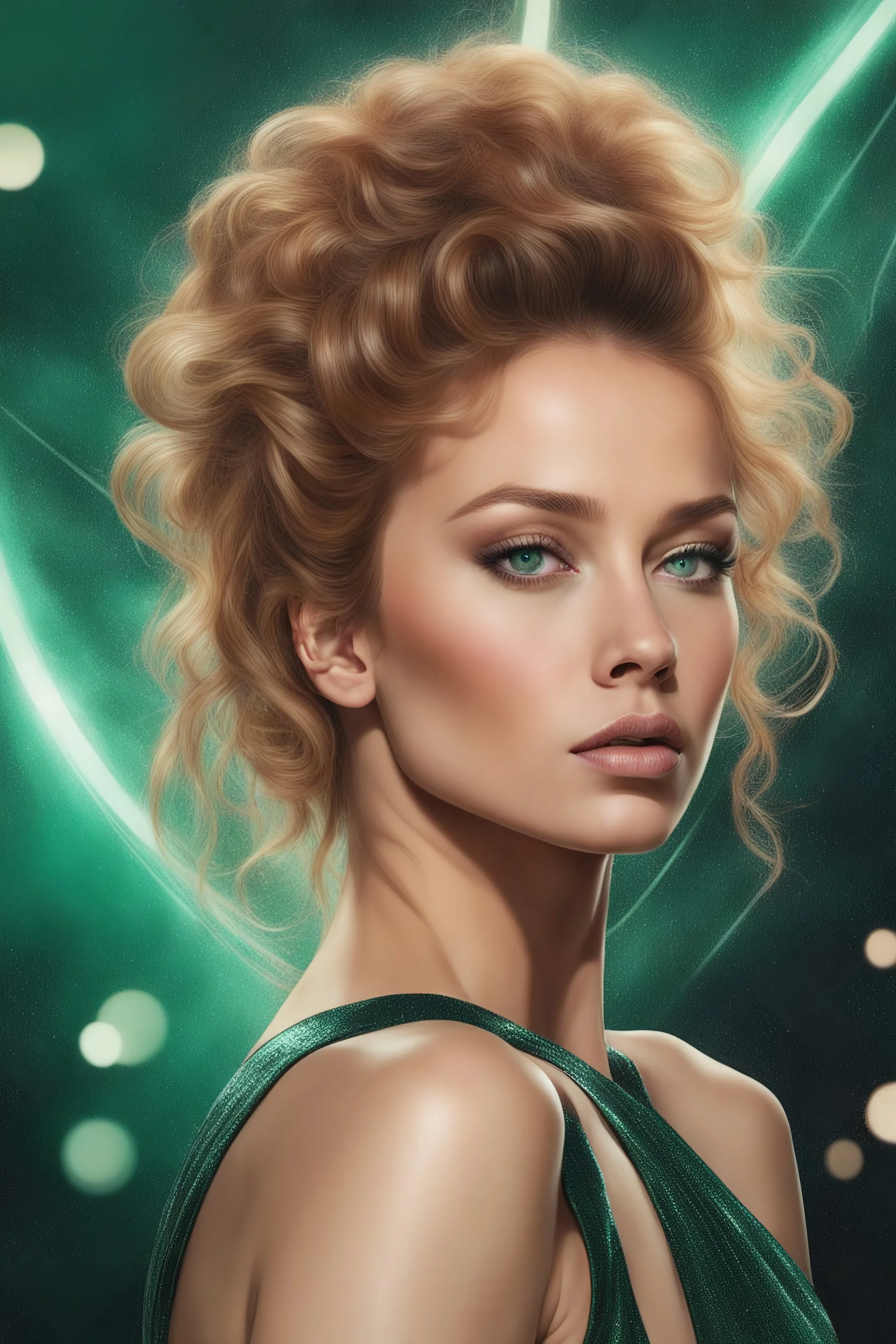 Outlander - head and shoulders portrait, Photorealistic, hyperrealism, Dazzling, Complex, dramatic, bold, attractive Barbarella, perfect, Athletic, toned body with tanned skin, perfectly formed body, Emerald City, extremely detailed, lipstick, eyeshadow, eyeliner, mascara, rouge