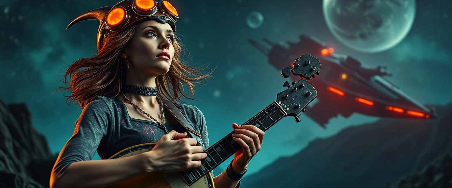 good night alien hill billy boss woman with a banjo In the style of Rembrandt,Background blur. Movie poster. Wild look. seen above, with a space ship beside her, in the style of a french comic book