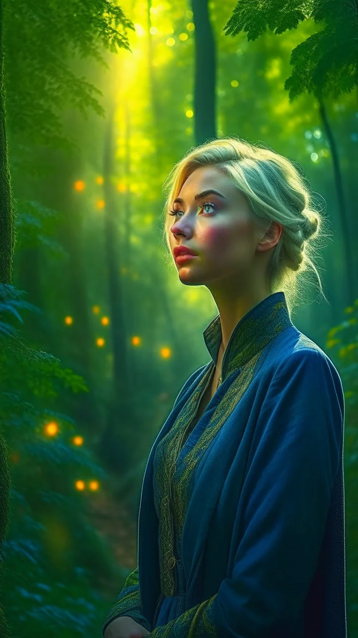 professional photography, natural lighting, volumetric lighting maximalist photoillustration: by marton bobzert: 8k resolution concept art intricately detailed, complex, elegant, expansive, fantastical, Modern, 2020s, detailed cinematic shot from, realistic cinematic scene, female aasimar cleric: 20 year old: short blonde hair: forest geen eyes pale skin: hailo above head: 8k resolution photorealistic masterpiece: by aaron horkey and jeremy mann, full body shot of showing detailed intricate work