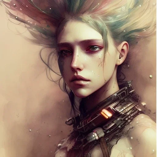 Singer Danish MØ face, Style cyberpunk, watercolor illustration by <agnes cecile> <John Kenn Mortensen> <Yoji Shinkawa>,