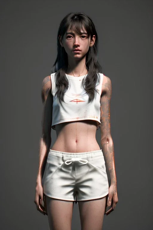 Ultra Realistic image, 25 years old brunette woman, Madrid, portrait, small stature, small chest, yakuza body tattoo, white broken cotton short undershirt, black latex short, akira anime style, night Tokio background, vibrant color, highly detailed, art stations, concept art, smooth, unreal engine 5, god rays, ray tracing, RTX, lumen lighting, ultra detail, volumetric lighting.