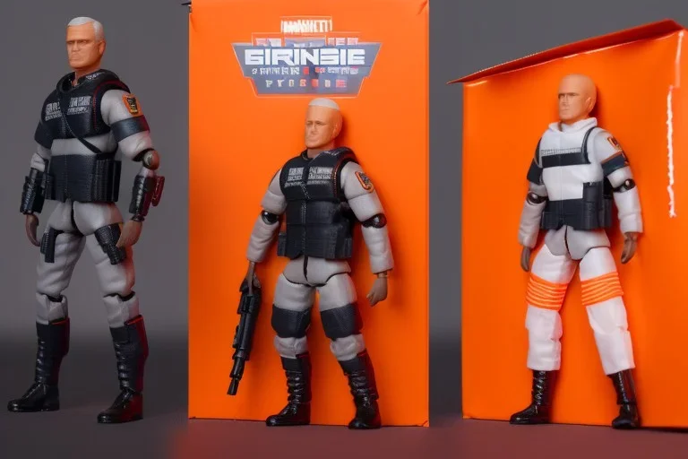 Mike Pence G.I. Joe action figure Doll Space force uniform inside a blister packaging hanging on a Wallrack in toystore, fluorescent orange, toy guns, wide angle shot whole body, black boots, fullsize