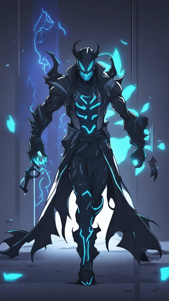 Mix between genji and venom symbiote in solo leveling shadow style with neon glowing blue