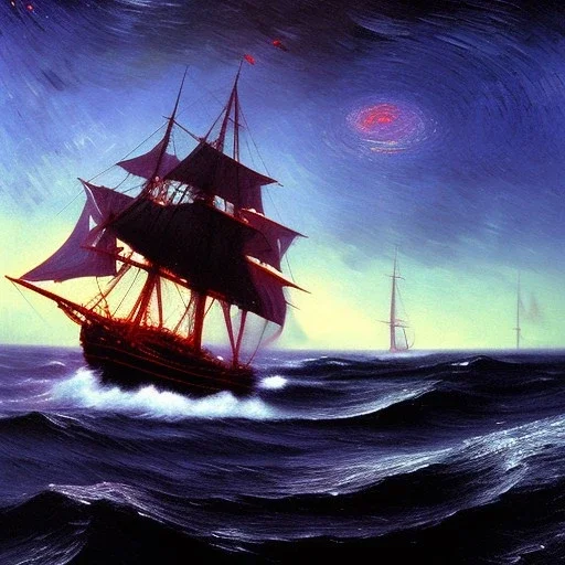 The Humungus kraken Monster, Red Glowing eyes, coming out of ocean,attacking sailboat, by van Gogh 8k