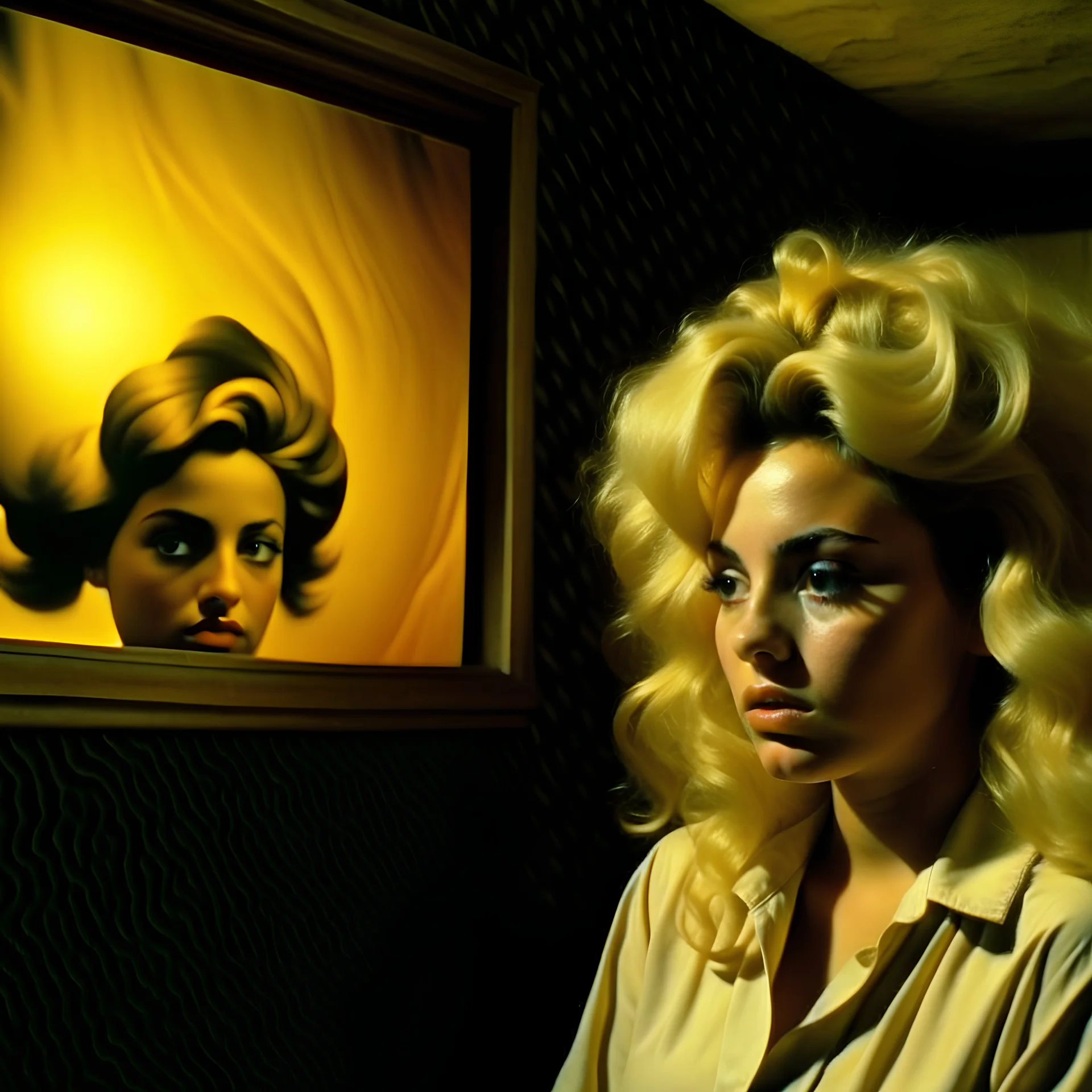 Strong texture, photorealism, Caravaggio. Italian interior. Surreal, mysterious, pastel colors. Italian horror, Dario Argento. Blonde woman People doing odd things. Movie shot. 1970's Italian art. 33mm photography