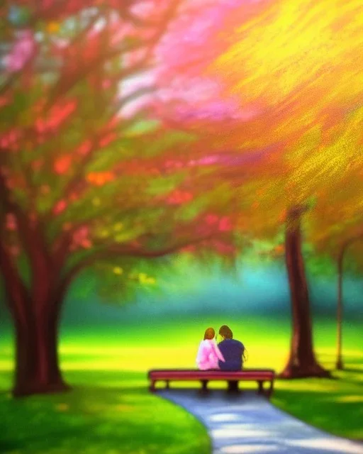 park mystical dream, park bench, man, woman, child, dog, trees, path, bird, sunshine, mystical, fantasy, romanticism, pastel colors, daylight, daytime, acrylic painting, detailed, soft focus,