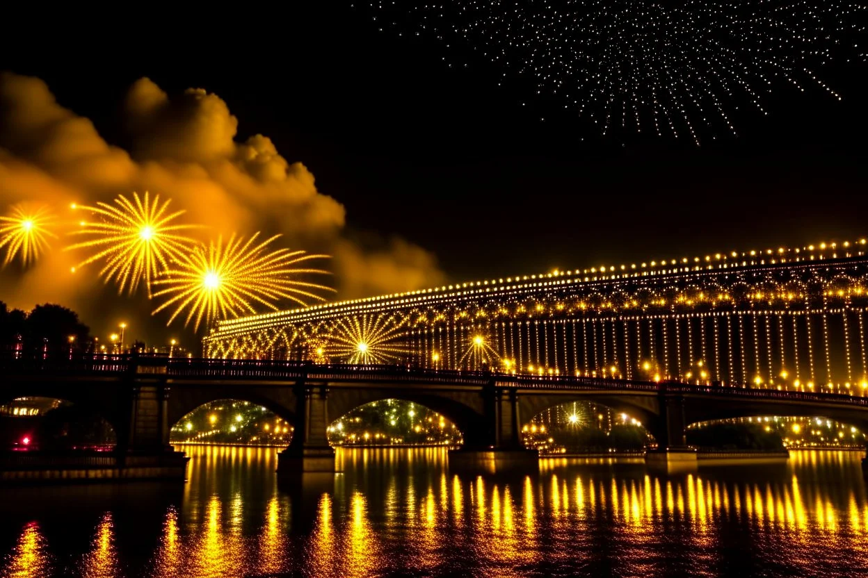 Chain Bridge Budapest, Danube, fireworks in the sky, smoke, dust, reflection at night in starshine