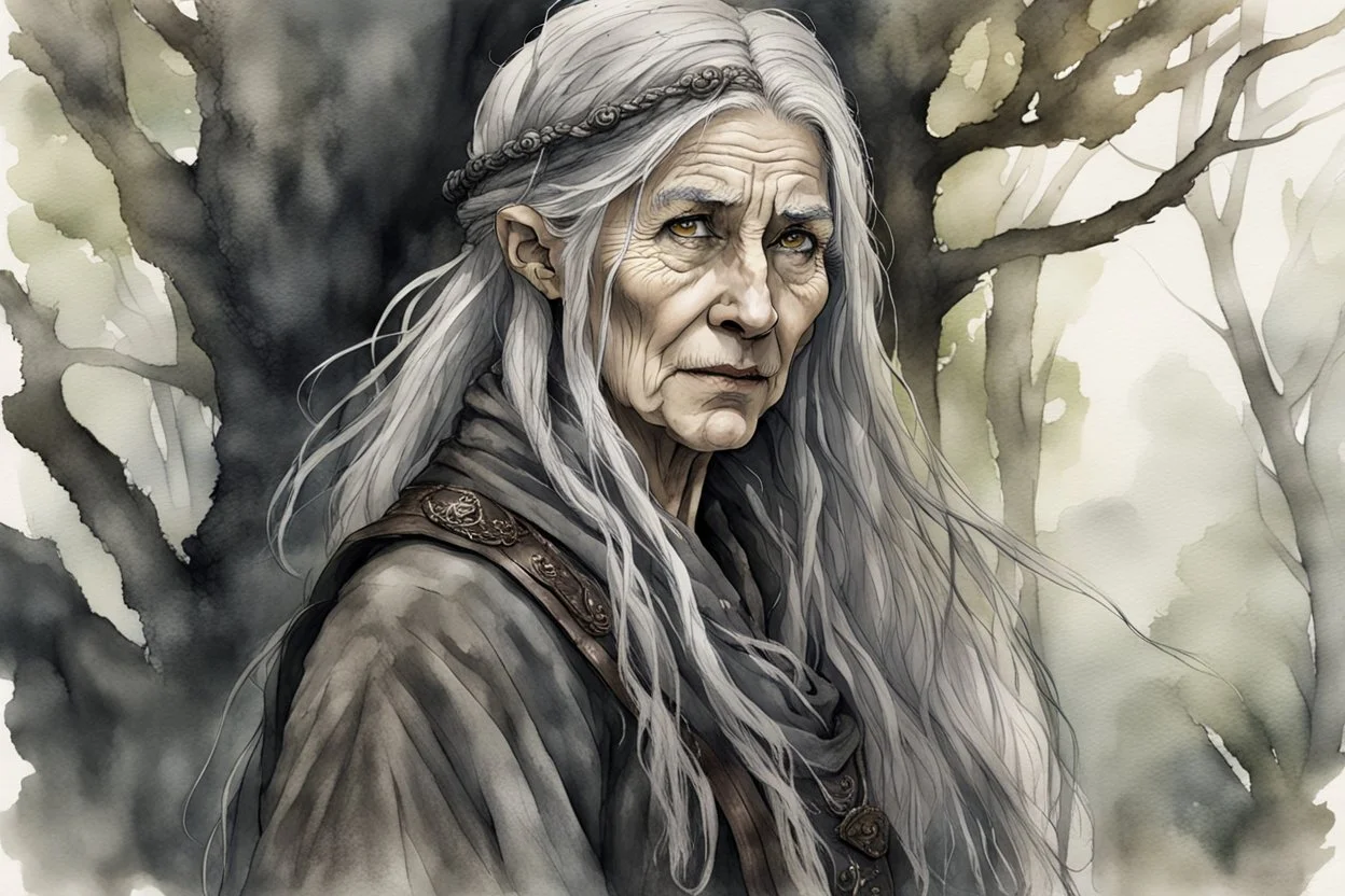 ink wash and watercolor illustration of an ancient grizzled, gnarled female vagabond wanderer, long, grey hair streaked with black, highly detailed facial features, sharp cheekbones. Her eyes are black. She wears weathered roughspun Celtic clothes, emaciated and tall, with pale skin, full body , thigh high leather boots within a forest of massive ancient oak trees in the comic book style of Bill Sienkiewicz and Jean Giraud Moebius , realistic dramatic natural lighting