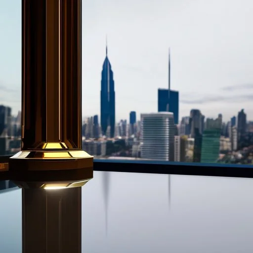 very close up of a big wrist watch stands on table in balcony skyscraper camera looks at modern city environment reflected image , watch glass is dark mirror,centered.