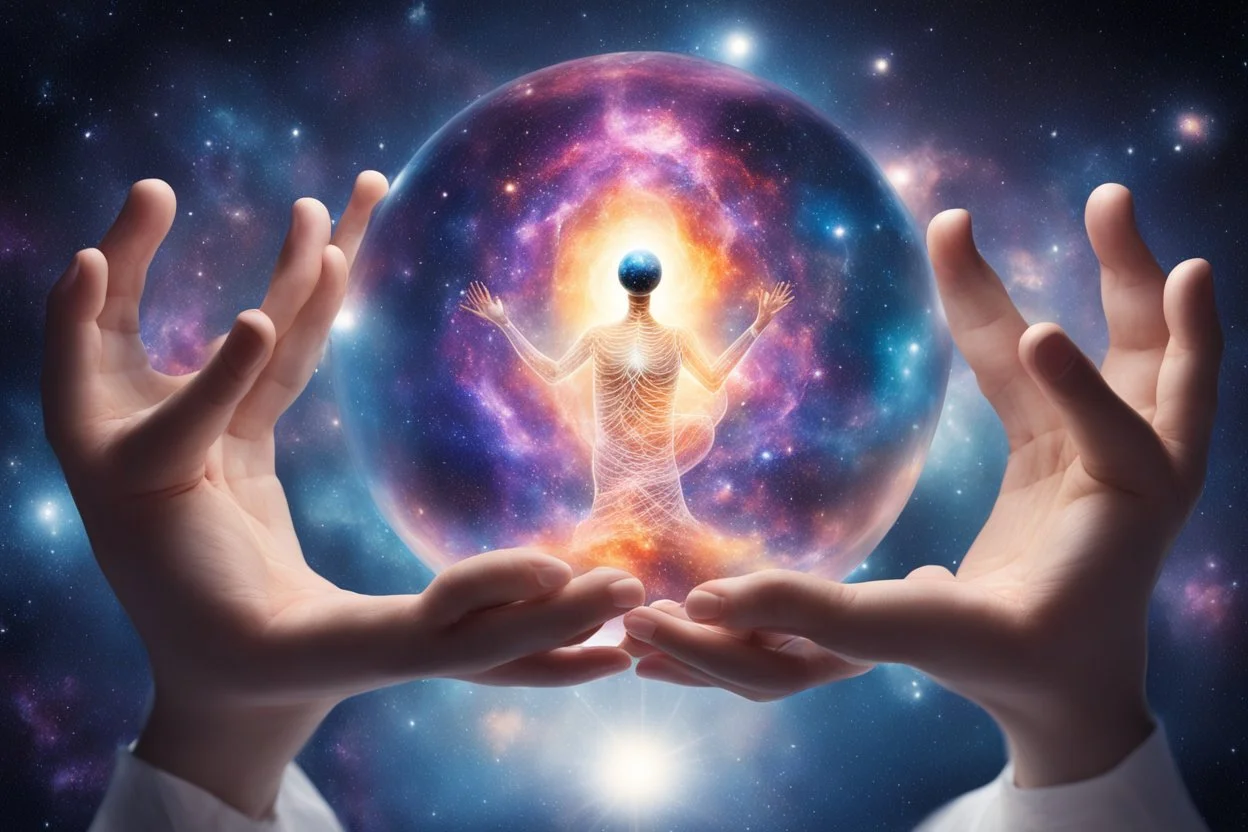 kundalini, connected to the universe, few colours of galaxy, holding galaxies in few hands in glass balls